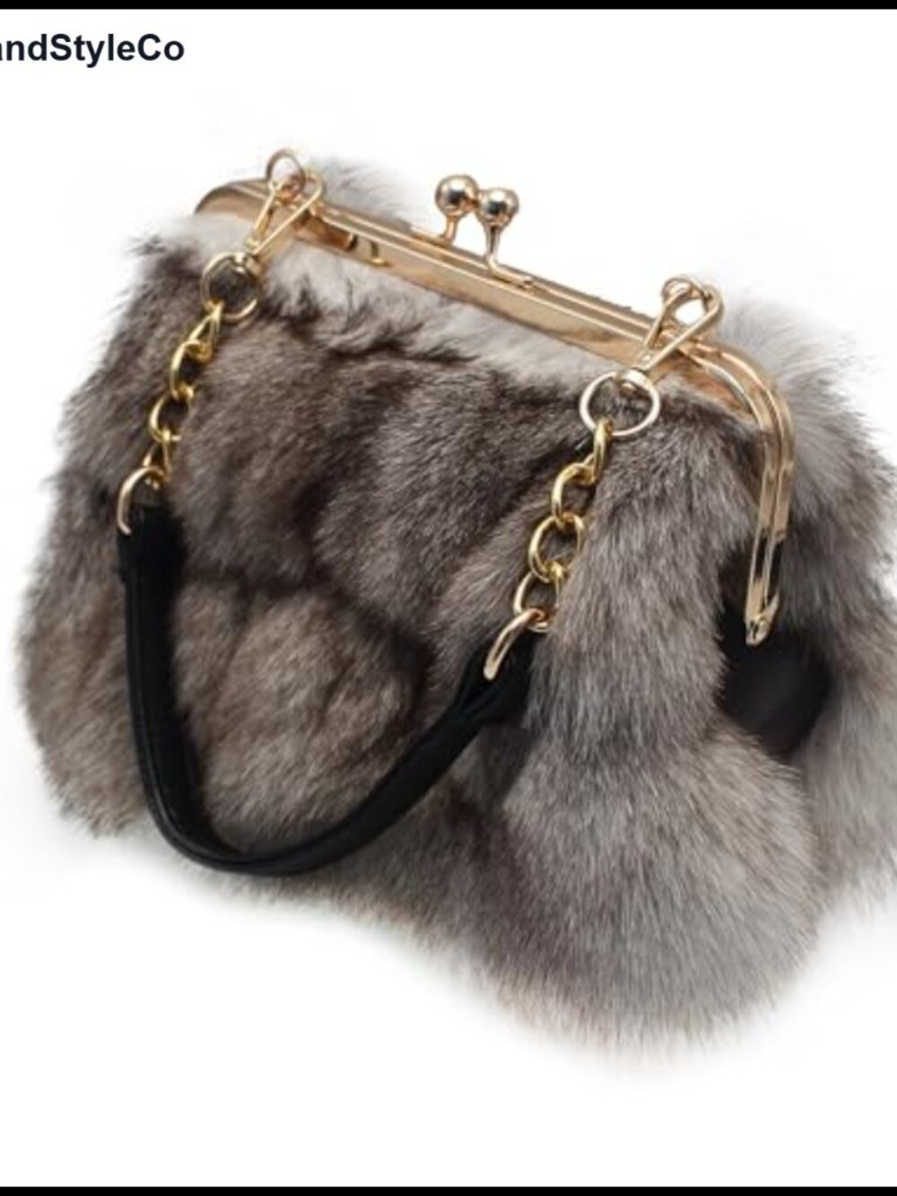 Genuine Fox Fur Kisslock Clutch Purse with Chain & Crossbody Strap